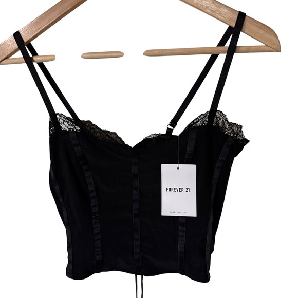 Forever 21 Tops - Forever 21 Bustier Top Women S Black NEW Lace Trim Corset Back Knit Crop